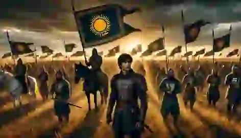 Aliman leads a united Kazakh army under banners with golden suns, standing resolute on the steppe at twilight.