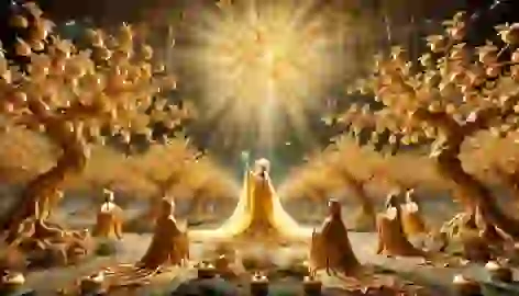 Xi Wangmu in divine robes addresses Liu Feiyan in a glowing garden with golden trees and luminous peaches.