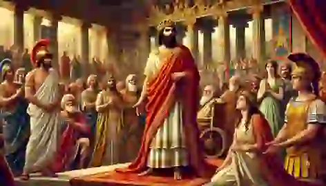 Oedipus crowned as King of Thebes, standing in a grand hall with Queen Jocasta and the joyous citizens.