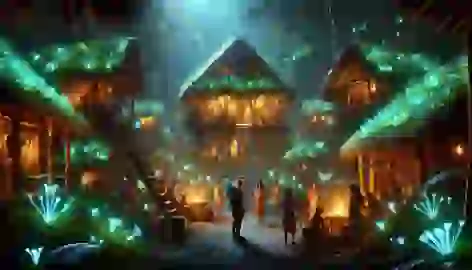 A hidden Amazon village glowing with bioluminescent moss, where Maia meets the villagers.