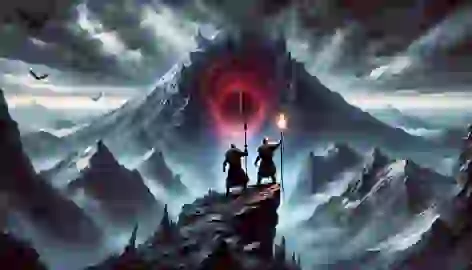 Kiprop and Kiptoo stand at the summit of a mountain, facing a dark pit glowing red.