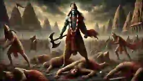 Parashurama stands amid a battlefield with his divine axe, showing the aftermath of his vengeance on the Kshatriya kings.