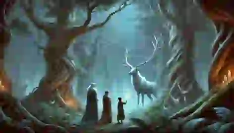 The princesses confront the Elk King in the enchanted Forest of Echoes under a starlit sky