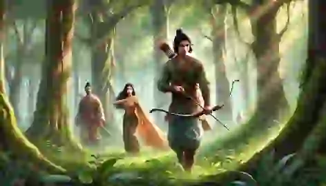 Phra Ram, Sida, and Phra Lak journey through a lush forest, with Phra Ram leading and Phra Lak ready for battle.