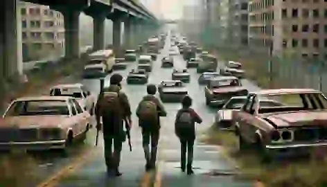 Joel and Ellie cautiously walk through an abandoned highway, surrounded by rusting cars and overgrown plants.