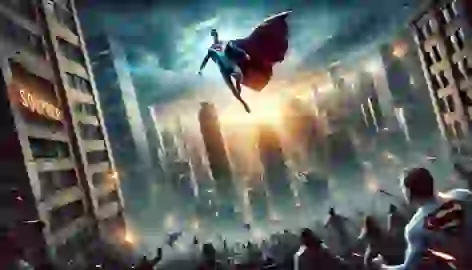 A hero flies above Metropolis with a cape flowing as people look up in awe from the city streets below.