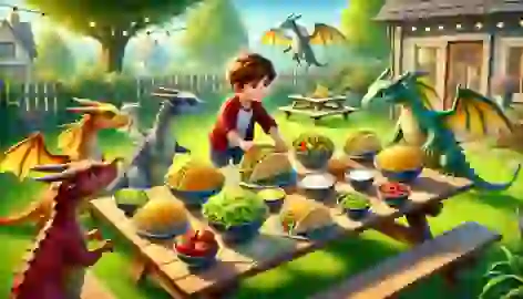 Tom sets up a taco feast in the backyard, with dragons approaching the table, eager to join the meal.