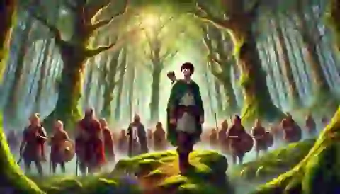 Fionn mac Cumhaill leading the Fianna warriors through an enchanted forest.