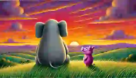 Gerald and Piggie watch a colorful sunset together, with Gerald appearing more calm and thoughtful.