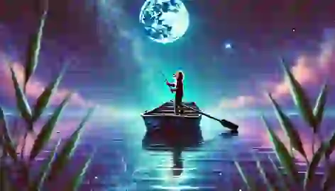 Leo in a rowboat on the sea at night, holding a fishing pole toward the stars.