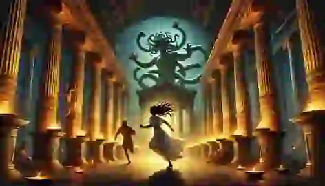 Poseidon’s pursuit of Medusa inside Athena’s sacred temple with ornate columns and golden oil lamp light.