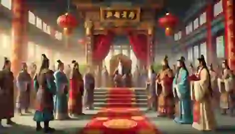 The Eight Immortals standing before the Emperor in a grand Chinese palace, holding their magical items.