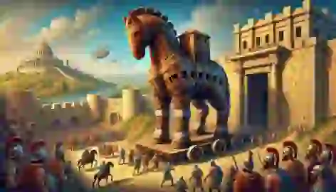 The Trojan Horse being pulled into Troy, with Greek soldiers and curious citizens in a grand ancient city.