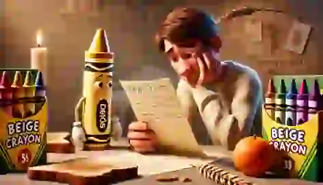 Duncan reads Beige Crayon’s letter, surrounded by neutral-colored drawings like toast.