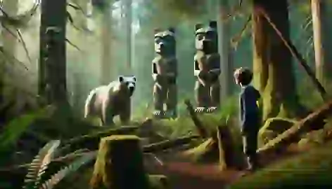 Aiden watches Yetsa, the Spirit Bear, standing in front of an ancient totem pole in the mystical forest clearing.