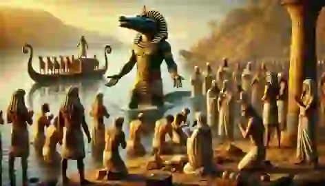 Sobek emerges from the Nile as Pharaoh Thutmose III and priests kneel before him, offering gold and livestock.