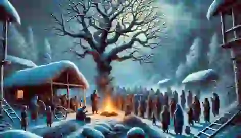 Villagers under a sacred Borik tree during a harsh winter, with snow-covered surroundings and a small fire for warmth.