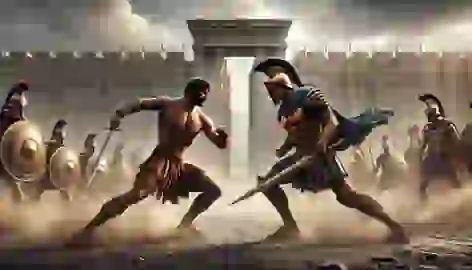 Achilles and Hector face off in a tense duel outside the walls of Troy, weapons raised, with dust swirling around them.