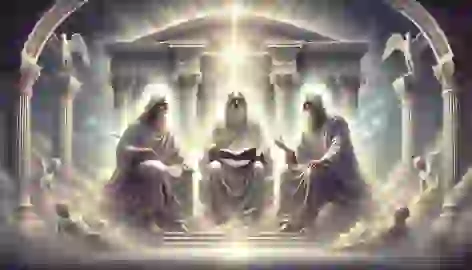 Minos, Aeacus, and Rhadamanthus judge souls before the gates of Elysium, surrounded by a glowing ethereal aura.