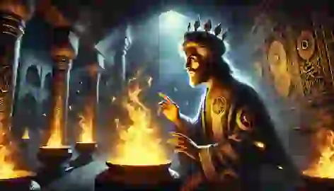 King Jamshid having a mystical vision while gazing into sacred flames inside an ornate Persian temple.