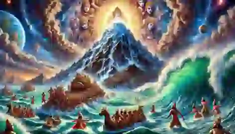 Mount Mandara sinks into the cosmic ocean as Vishnu prepares to descend in his Kurma avatar to support it.