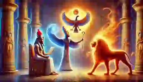 Thoth mediates a dispute between Ra and Sekhmet in a grand hall glowing with divine carvings.