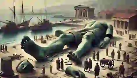 The broken bronze pieces of the Colossus scattered on the harbor shore, with people standing solemnly around them.