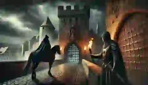 A cloaked rider arrives at Rothenburg’s gates during a storm, met by a vigilant gatekeeper with a torch.