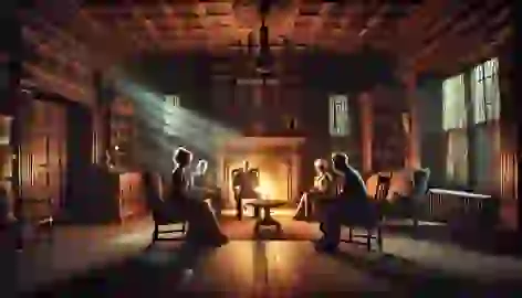 Four people sit nervously in the dimly lit parlor of Hill House, discussing the strange events with fear on their faces.