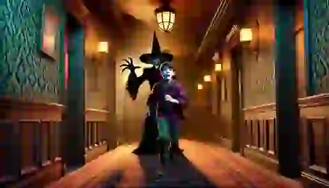  A young boy runs down a dark hotel corridor, chased by a witch with a clawed hand reaching out.