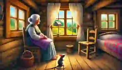 An elderly grandmother sits by the window in a wooden cabin with a small mouse beside her, enjoying a peaceful moment.