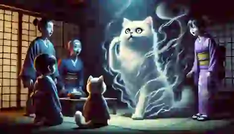 Tama, the cat, begins a transformation in a dim room as Ayame and family look on in shock.