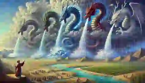 The dragons create rain clouds, their massive forms hidden in the sky as they summon water to restore life to the land.