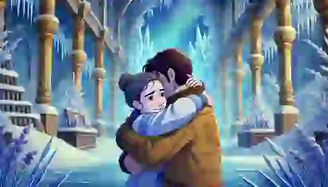 Gerda hugs Kai, melting the ice around him in the Snow Queen