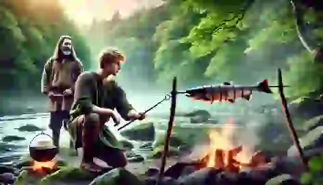 Finn MacCool cooking the Salmon of Knowledge by a tranquil river, with Finegas watching amidst lush greenery