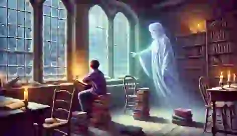 The Ghost of Christmas Past shows young Scrooge sitting alone in a schoolroom.