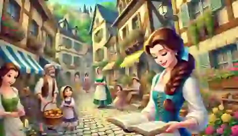 Belle reading a book in the village, surrounded by villagers, with cobblestone streets and charming houses.