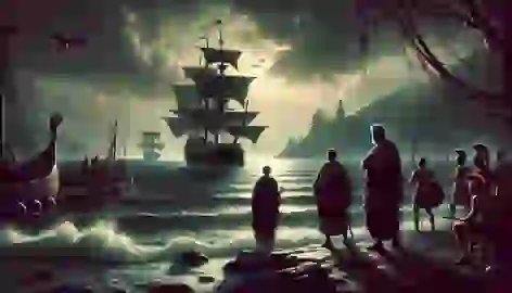 King Aegeus watches anxiously at the harbor as a ship with black sails approaches, signaling his son