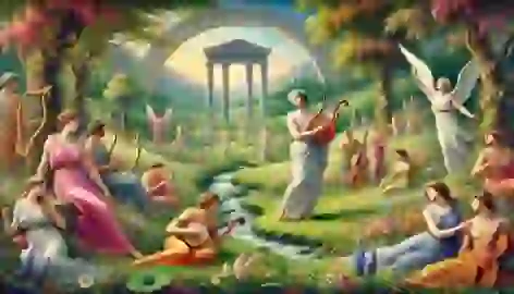 Orpheus plays his lyre in the Elysian Fields, enchanting souls amidst green meadows and vibrant wildflowers.