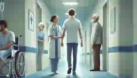 Nurse leading a pale young man down a hospital hallway, parents watching from the doorway.