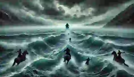 Buto Ijo wading through a stormy sea, struggling against the waves, as Timun Mas runs on the distant shore.