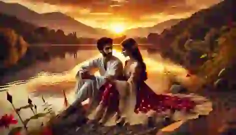 Bijan and Manijeh sitting by a lake during sunset, holding hands, surrounded by nature’s beauty.