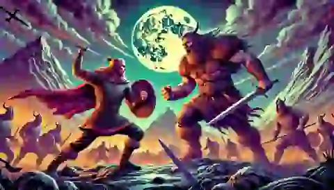 Grettir dueling a berserker under the moonlight.