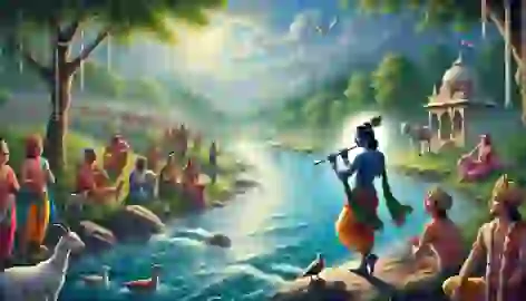 Kaliya serpent bows in submission, retreating as the Yamuna River clears and Krishna stands victorious on the riverbank.