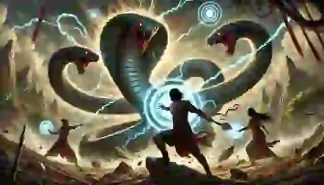 Djanggawul battling the giant serpent Yurlunggur, with the land trembling and rocks flying