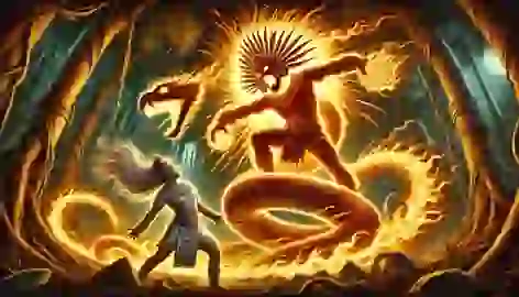 Huitzilopochtli stands in fiery glory, wielding his serpentine weapon, facing Coyolxauhqui as the battle begins.