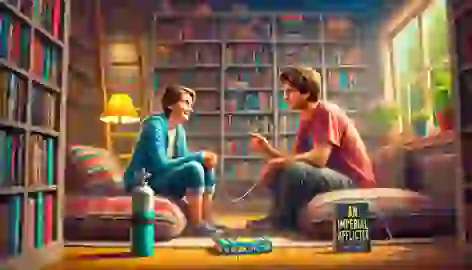 Hazel and Augustus reading and discussing a book in a cozy living room with bookshelves and soft lighting.