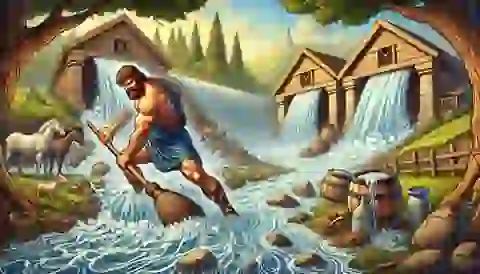 Hercules diverting rivers to clean the Augean Stables, washing away years of accumulated filth.