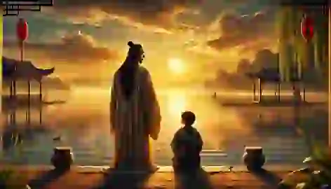 Xu Xian stands by West Lake with his son, reflecting on the legacy of his love with Bai Suzhen.