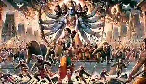 Rama leads an army of monkeys and bears in a battle against the demon king Ravana.